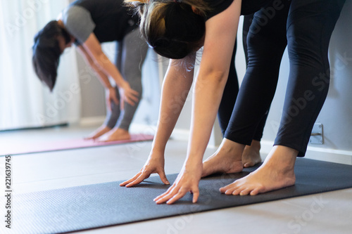 Young fat woman practicing yoga with namaste behind the back.working out, wearing sportswear. and relax.