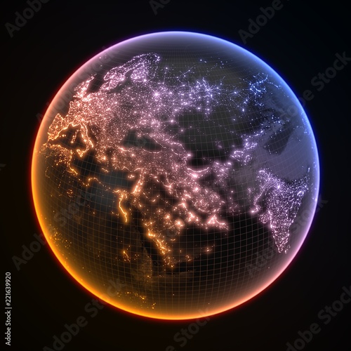 Fototapeta Naklejka Na Ścianę i Meble -  dark earth globe with glowing details of city and human population density areas. 3d illustration