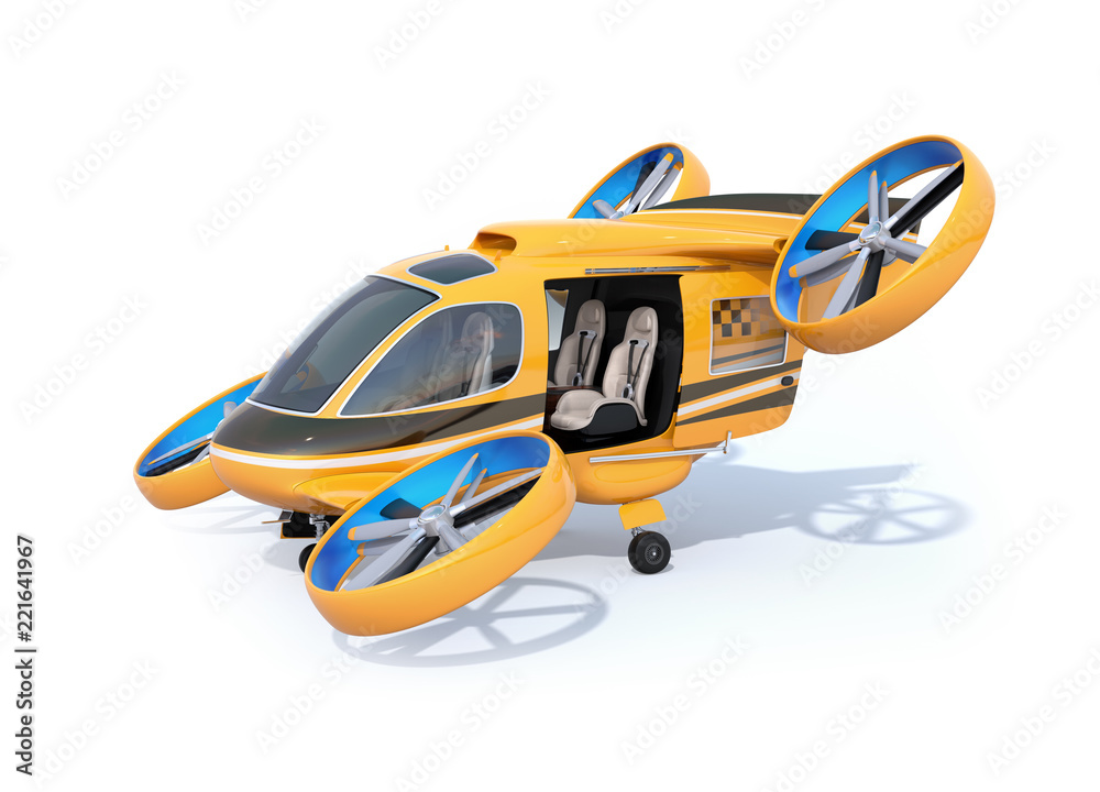 Orange Passenger Drone Taxi parking on white ground with door opened. 3D rendering image.