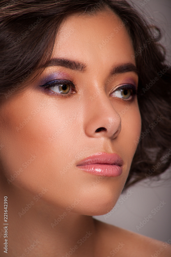 Macro photo of woman face with professional makeup and haircuts. CloseUp Macro photo of woman face with professional makeup and haircuts. CloseUp
