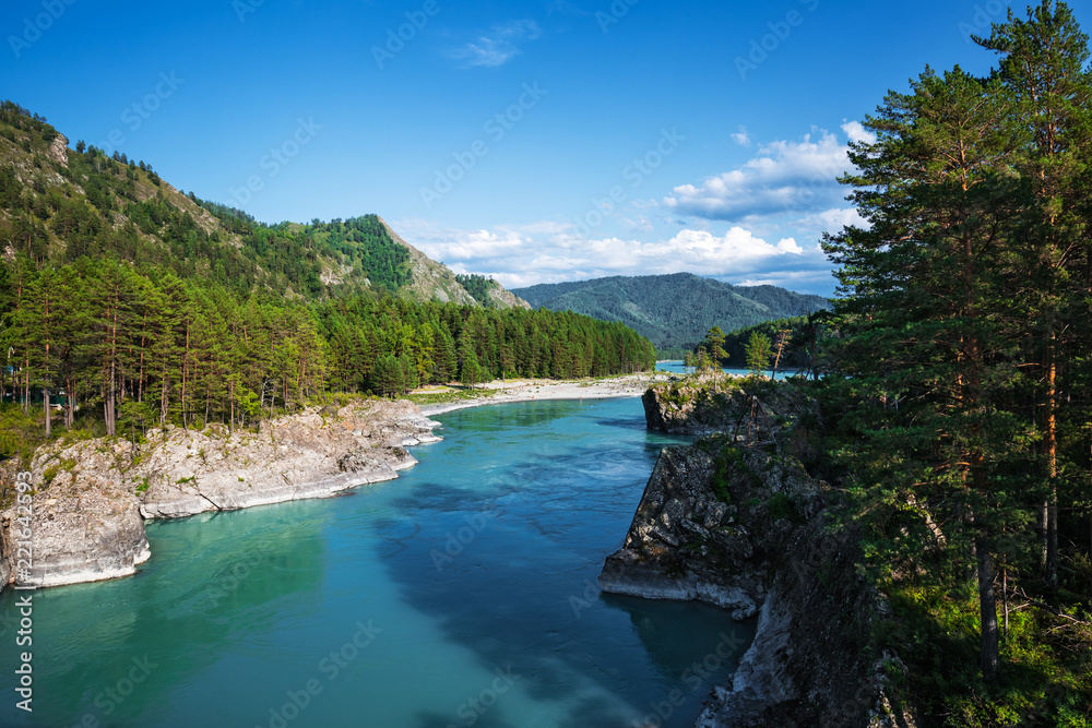 The Katun river with rocky cliffs. The Altai Mountains, Southern Siberia