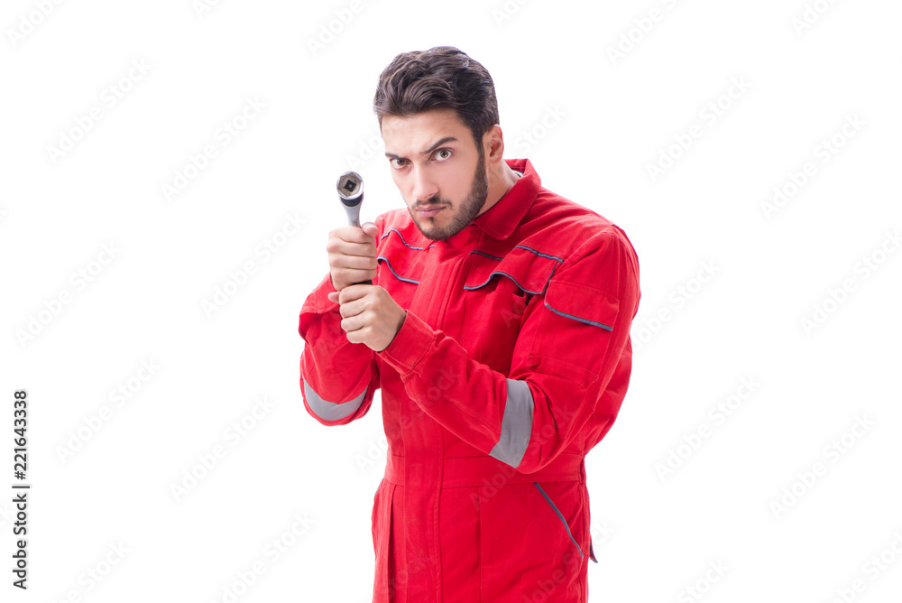 Funny automobile mechanic with wrench isolated on white Funny automobile mechanic with wrench isolated on white