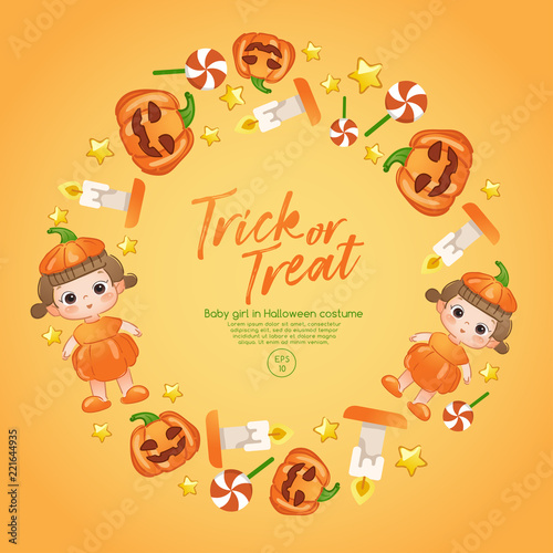 Baby Girl in Halloween Costume   Card Layout Template   Vector Illustration