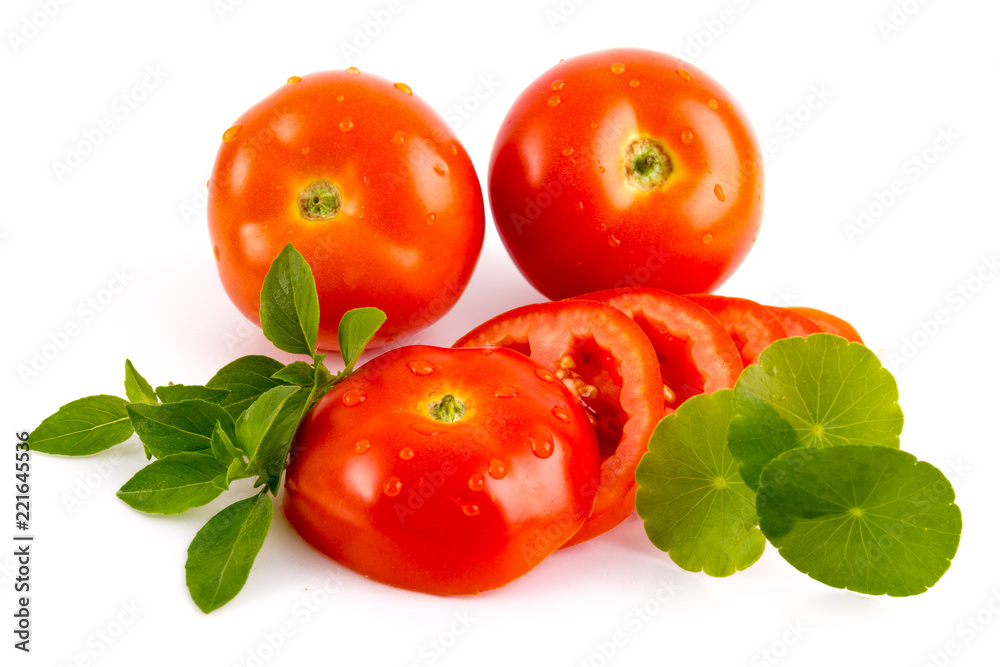 Fototapeta premium Tomatos slides with herbs isolated on white background, top view