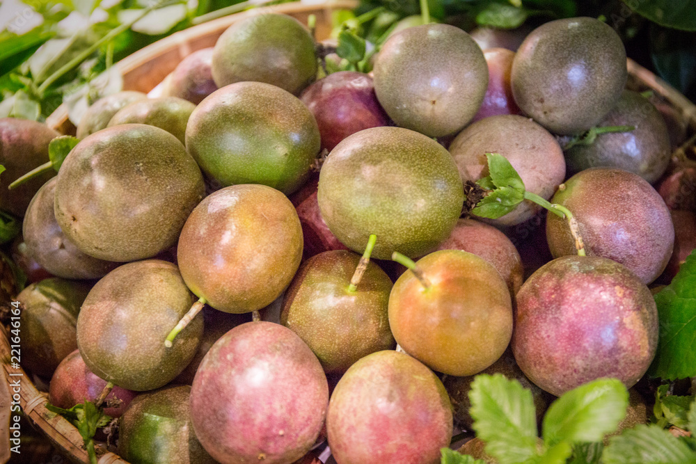 Fresh tropical fruit - Passionfruit - in the basket Fresh tropical fruit - Passionfruit - in the basket