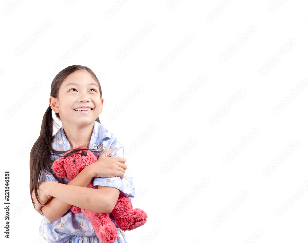 Happy little girl In pajamas with teddy bear Happy little girl In pajamas with teddy bear