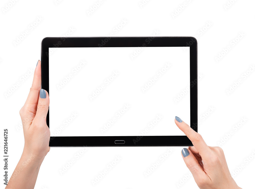Woman hand using mock up digital tablet isolated clipping patch Woman hand using mock up digital tablet isolated clipping patch