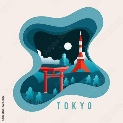Canvas Print City Scene in Paper Cut Style : Tokyo : Vector Illustration