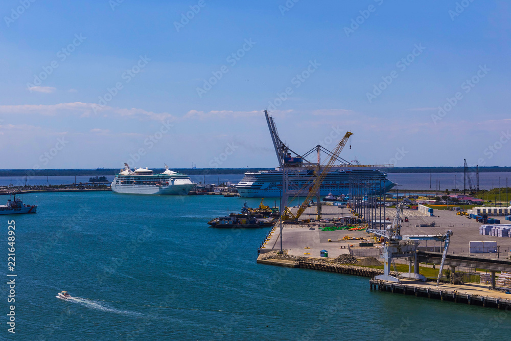 Cape Canaveral, USA. The arial view of port Canaveral from cruise ship, docked in Port Canaveral, Brevard County, Florida