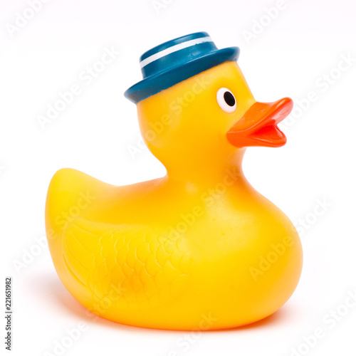 Yellow rubber duck isolated on white background.
