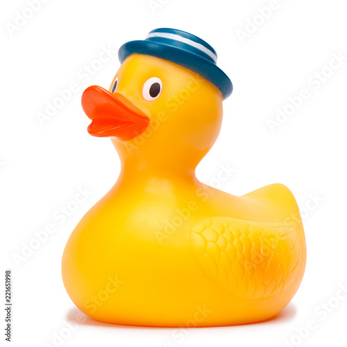 Yellow rubber duck isolated on white background.
