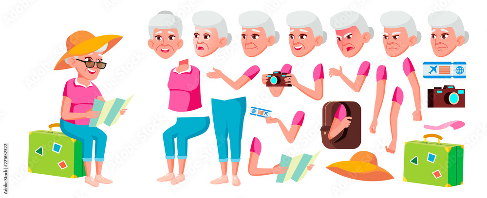 Old Woman Vector. Senior Person Portrait. Elderly People. Aged. Animation Creation Set. Face Emotions, Gestures. Tourist, Tourism. Smile. Web, Poster. Animated. Isolated Cartoon Illustration Old Woman Vector. Senior Person Portrait. Elderly People. Aged. Animation Creation Set. Face Emotions, Gestures. Tourist, Tourism. Smile. Web, Poster. Animated. Isolated Cartoon Illustration