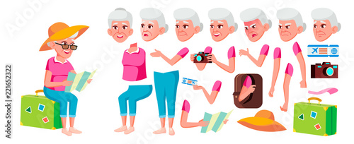 Old Woman Vector. Senior Person Portrait. Elderly People. Aged. Animation Creation Set. Face Emotions, Gestures. Tourist, Tourism. Smile. Web, Poster. Animated. Isolated Cartoon Illustration