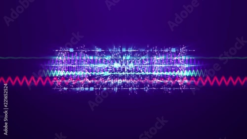 A cheery 3d rendering of narrow red and celeste musical spirals with subliminal inscriptions shimmering for one second. They are on the violet backdrop and generate the mood of optimism and fest.