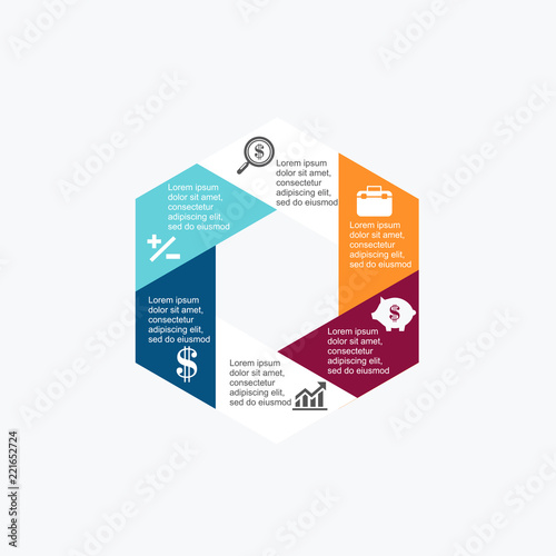 Illustration of hexagon infographic with six parts with different colors and with round corners and with simple signs in each part on white background
