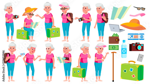 Old Woman Poses Set Vector. Elderly People. Senior Person. Aged. Tourist, Tourism. Beautiful Retiree. Life. Card, Advertisement, Greeting Design. Isolated Cartoon Illustration