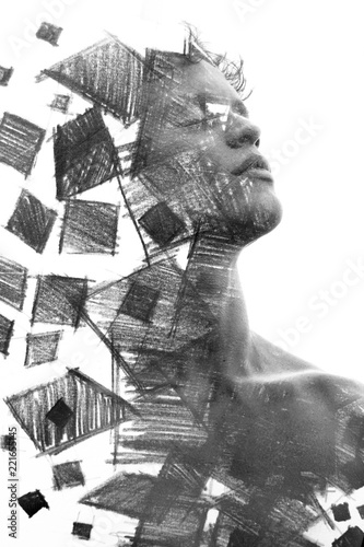 Fotografia Double Exposure charcoal drawing combined with portrait of a statuesque man with