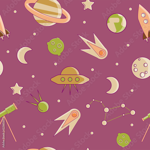 Cartoon flat kids space and cosmos science seamless pattern. Planet, rockets, stars and other space elements in simple cute vector background for children. Kids science and curiosity ideas on space