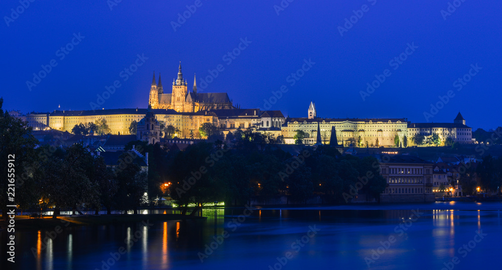 night view of Prague castle and Vltava river in Prague, Czech Republic, long exposure