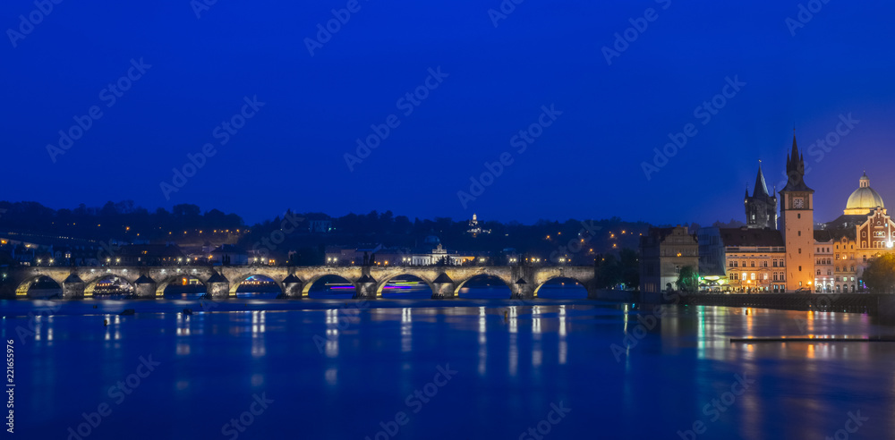 night view of Charles bridge and Vltava river in Prague, Czech Republic, long exposure