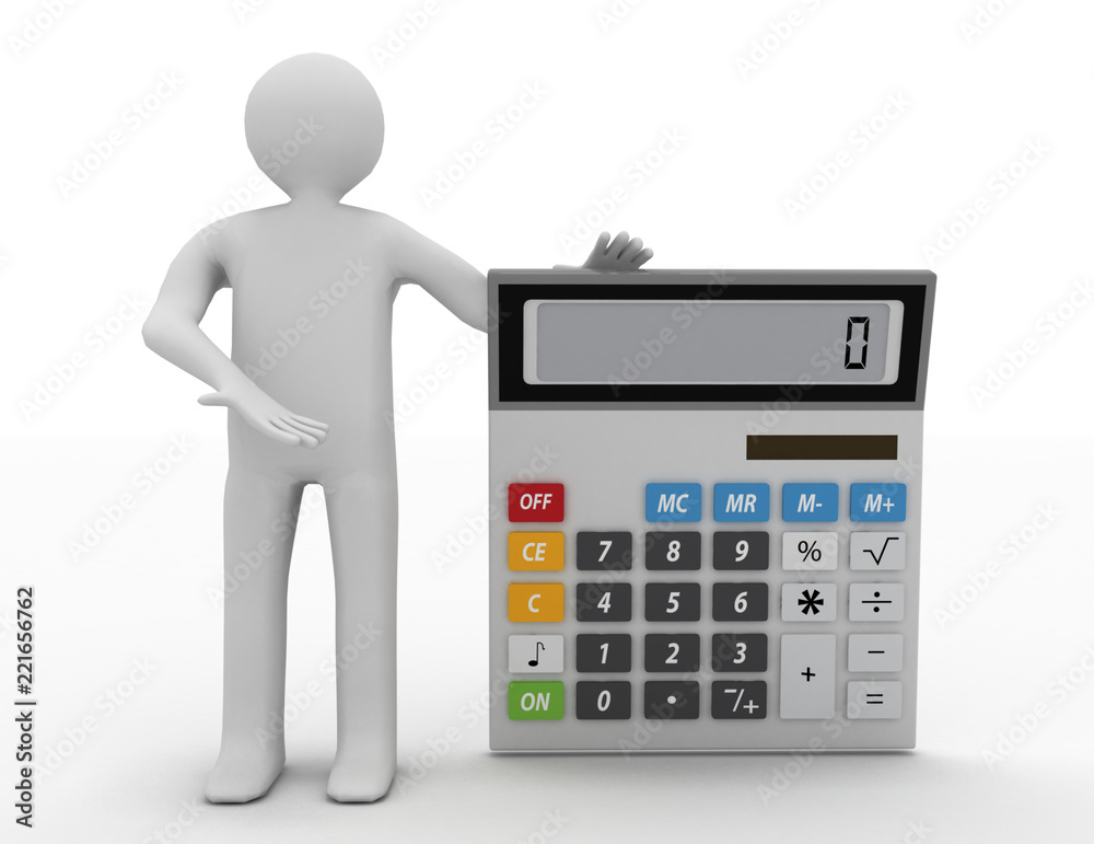 The 3D man and a calculator on white background The 3D man and a calculator on white background
