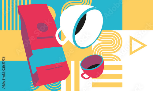 Coffee time pop art style. Coffee mill, coffee cup and coffee machine. Flat vector illustration