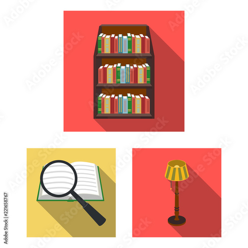 Library and bookstore flat icons in set collection for design. Books and furnishings vector symbol stock web illustration.