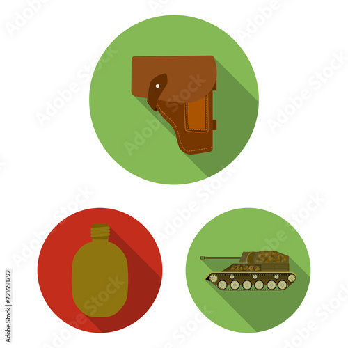 Army and armament flat icons in set collection for design. Weapons and equipment vector symbol stock web illustration.