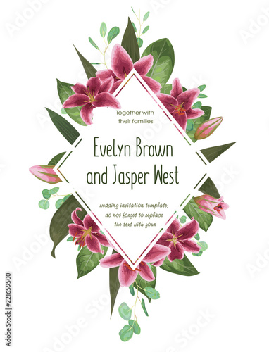 Wedding floral invitation, invite card. Vector watercolor style herbs, eucalyptus, gently burgundy, pink lilly, waxflower natural, botanical green decorative rhombus frame, geometric.