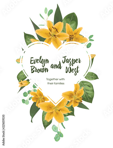 Valentine greeting card, invite card. Vector watercolor style herbs, eucalyptus, yellow lilly, waxflower natural, botanical green, decorative heart