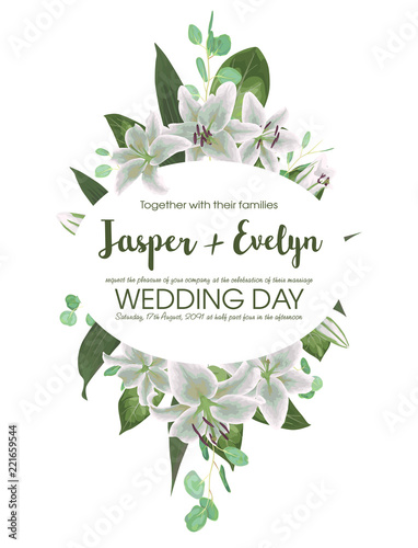 Wedding floral invitation, invite card. Vector watercolor style herbs, eucalyptus, white delicate lilly, waxflower natural, botanical green, decorative oval, geometric