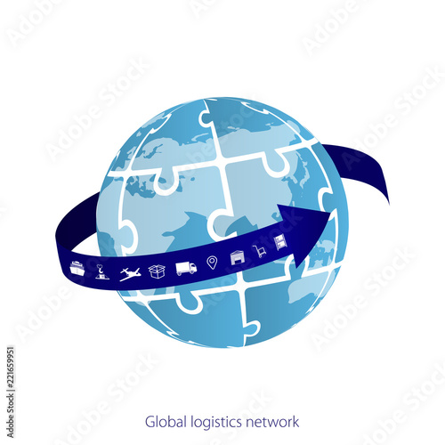 Global logistics network. Map global logistics partnership connection.  White similar world map and logistics icons.  Puzzle of globe. Flat design. Vector illustration EPS10.