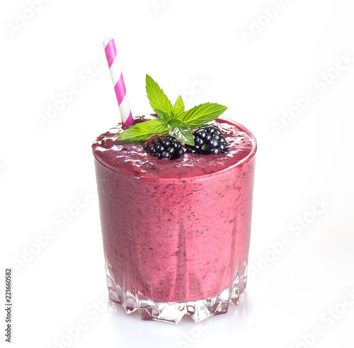 blackberry smoothies juice a tasty healthy drink in a glass, drink the morning on white  background.