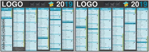 Calendrier 2019 avec vacances scolaires officielles au format a3 recto verso entièrement modifiable via calques et texte arial
