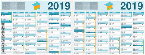 Calendrier 2019 avec vacances scolaires officielles au format 320 x 420 mm recto verso entièrement modifiable via calques et texte arial