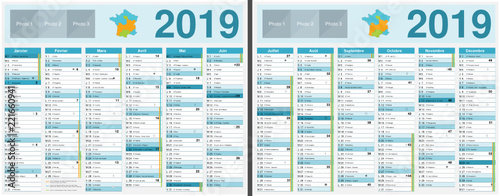 Calendrier 2019 avec vacances scolaires officielles au format 210 x 265 mm recto verso entièrement modifiable via calques et texte arial