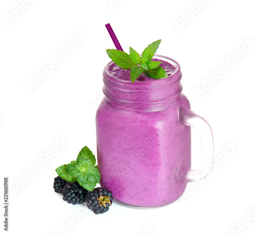 blackberry smoothies juice a tasty healthy drink in a glass jar, drink the morning on white background.