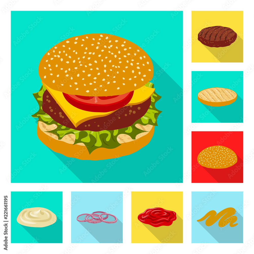 Vector design of burger and sandwich sign. Collection of burger and slice stock symbol for web.