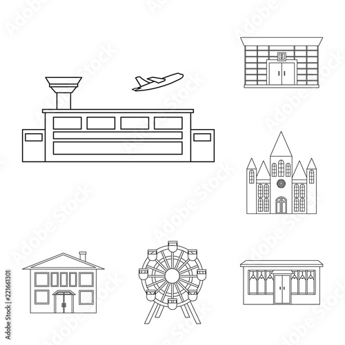 Building and architecture outline icons in set collection for design. Construction and Institution vector symbol stock web illustration.