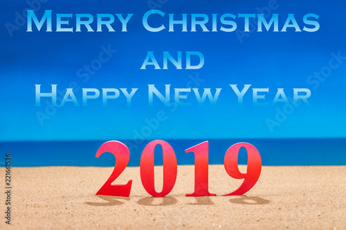 merry christmas and happy new year 2019 decorate with seashell on the beach