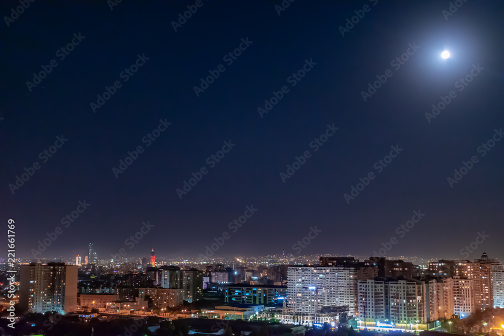 Night view of the city. Night lights and bright baku. Baku Azerbaijan. Moon night