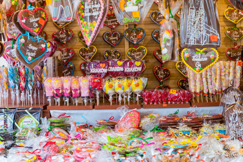 Souvenir gingerbread of different shapes on one of the traditional market in Cracow, Poland.