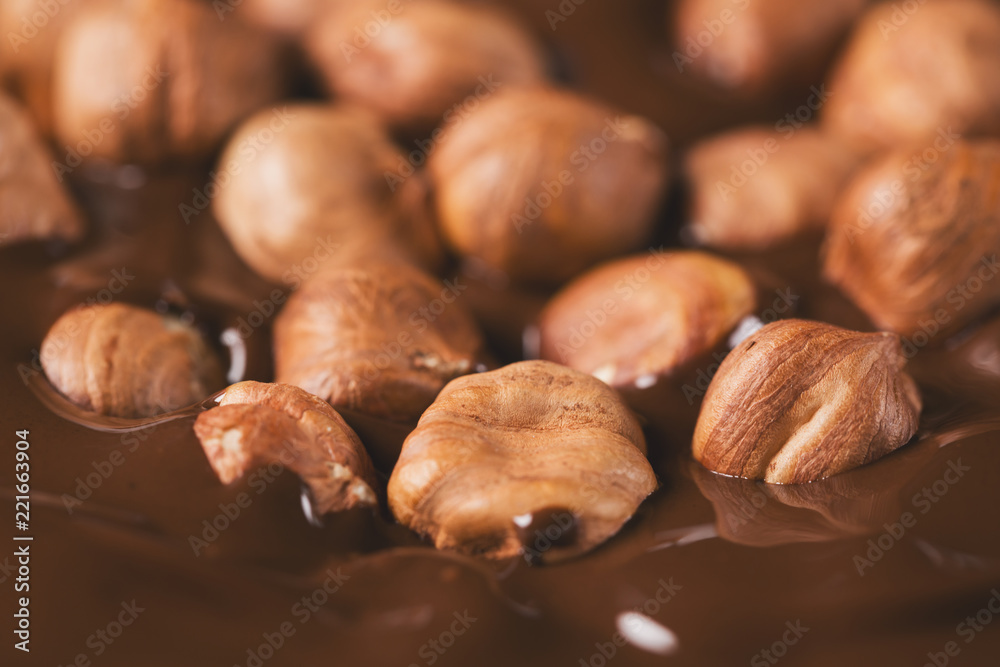 Close-up hazelnuts in melted dark chocolate Close-up hazelnuts in melted dark chocolate