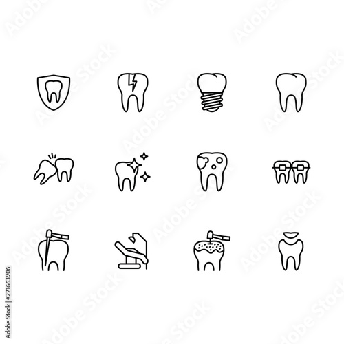 Vector icon set health teeth and dental treatment in medical clinic. Outline vector icon dentistry, oral care, implantation and orthodontics.