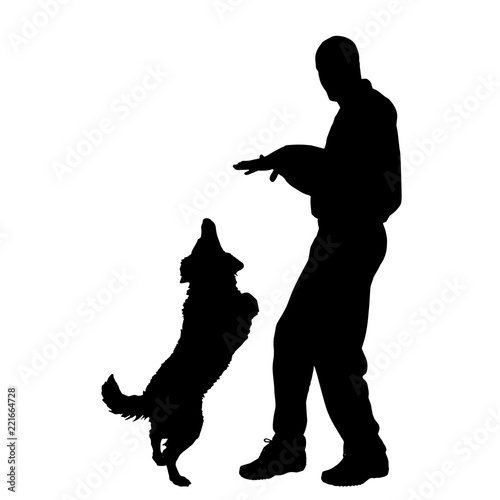 Vector silhouette of man who plays with his dog on white background.