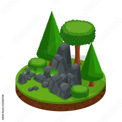Isometric glade with a stone mountain, a forest of trees and conifers, an excellent landscape for games