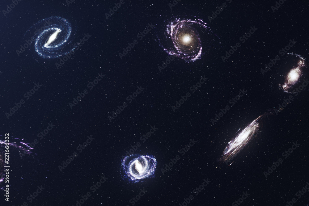 Naklejka premium 3D illustration galaxy in deep space. Spiral galaxy consisting of star dust, nebula of gas. Concept of deep space travel. Scientific concept. Elements of this image furnished by NASA