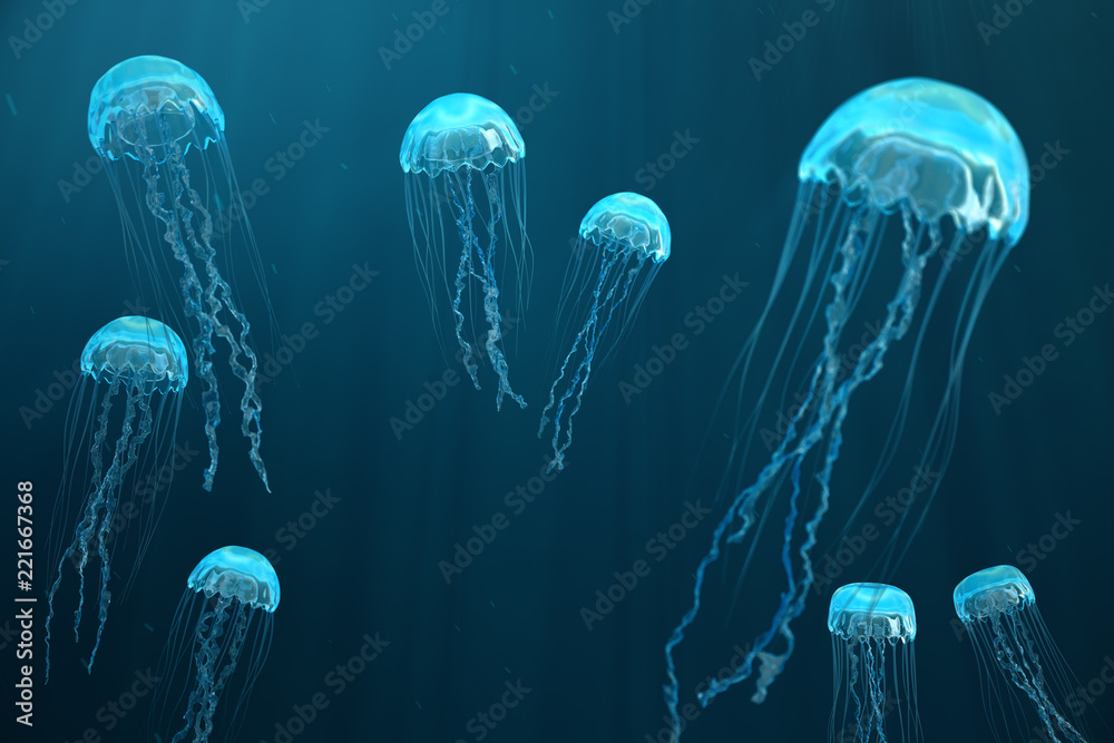Naklejka premium 3D ilustracji tle meduzy. Meduza pływa w oceanie, światło przechodzi przez wodę, tworząc efekt promieni objętościowych. Niebezpieczne niebieskie meduzy
