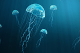 3D illustration background of jellyfish. Jellyfish swims in the ocean sea, light passes through the water, creating the effect of volume-rays. Dangerous blue jellyfish