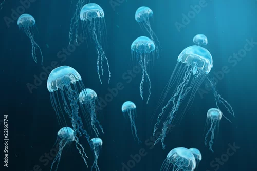 Obraz 3D ilustracyjny tło jellyfish. Meduza pływa w morzu oceanu, światło przepływa przez wodę, tworząc efekt promieni objętościowych. Niebezpieczne niebieskie meduzy